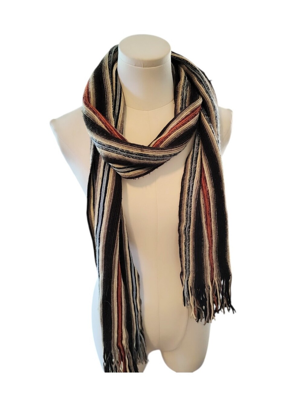 H&M Wool Multicolored Orange Black Blue Red Scarf With Fringe